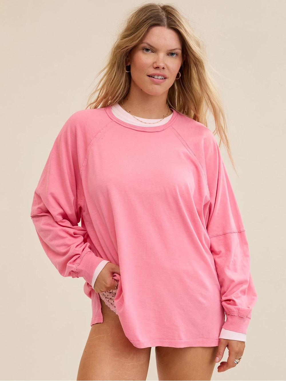 aerie Cozy Long Sleeve Oversized Boyfriend Tee in Pink XS